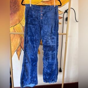 Blue Velvet Pants with Button Detail
